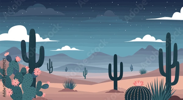 Fototapeta Desert landscape with various cacti under a night sky.