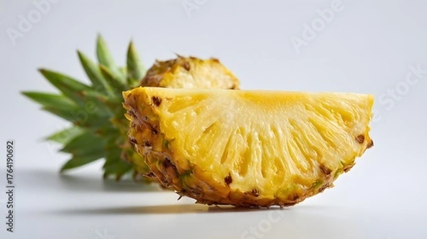 Fototapeta Slice of ripe tropical fruit rests against the blurred remainder of its whole form on a light surface