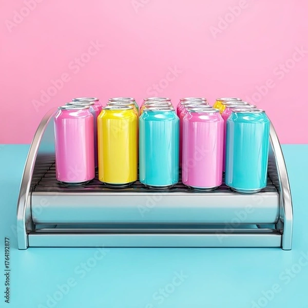 Fototapeta Colorful cans arranged on a metallic cooler against a pastel background