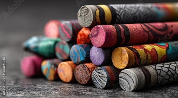Fototapeta Colorful, decorative crayons stacked in a pyramid shape