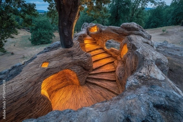 Fototapeta Wooden carved steps, illuminated, nestled in a tree trunk,  outdoor setting