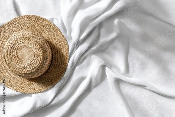 Obraz Light beige straw hat atop a white linen fabric