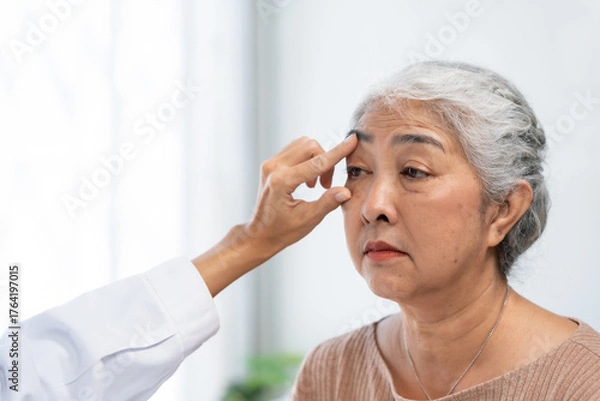 Fototapeta Doctor examining an elderly Asian woman's eye and eyebrow, focusing on healthcare, aging, and preventive medicine