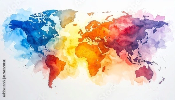 Obraz Colorful watercolor world map on white background. 