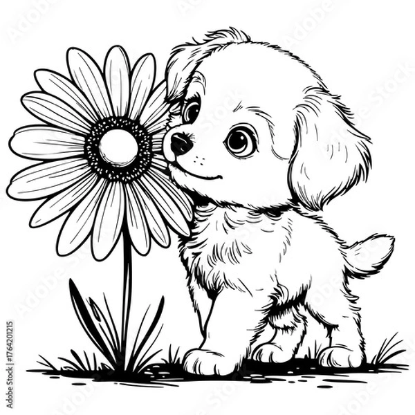 Fototapeta Puppy Sniffing a Flower
