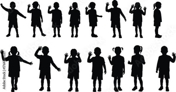 Fototapeta Silhouettes of children waving hands in different poses, happy boys and girls standing and greeting isolated on white background illustration
