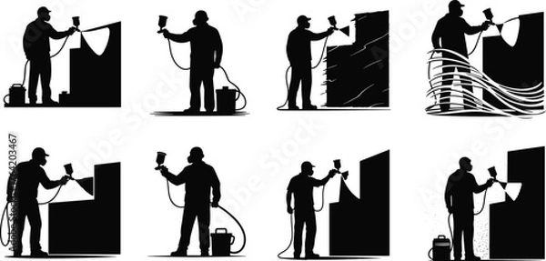 Fototapeta Silhouette illustration of worker using paint spray gun on wall surface, industrial painter painting building, construction renovation and coating concept