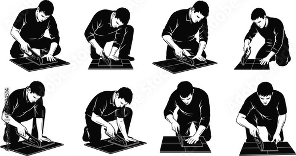 Fototapeta Worker Cutting Floor Tile with Knife, Professional Tiler Installing Flooring, Home Renovation DIY Project, Manual Labor Silhouette Vector Graphic, Construction and Installation Craft.