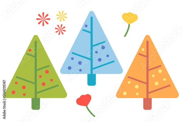 Fototapeta Colorful pastel pine tree and tiny flower clip art.Scandinavian woodland folk design.Abstract beautiful background.Nature forest illustration for print decorate,banner,happy season,Christmas holiday