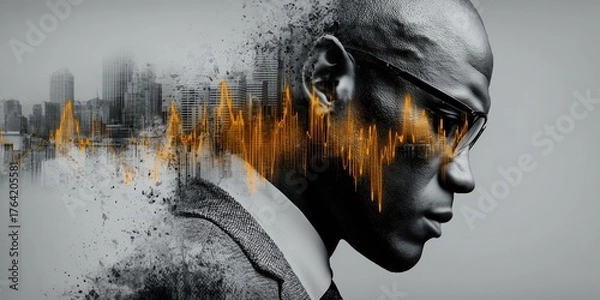 Fototapeta Image of a businessman overlaid with a big city and stock chart lines