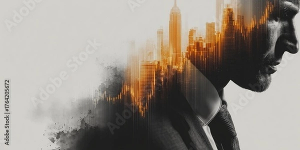 Fototapeta Image of a businessman overlaid with a big city and stock chart lines