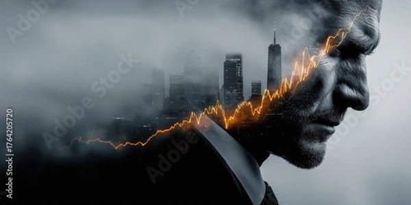 Fototapeta Image of a businessman overlaid with a big city and stock chart lines