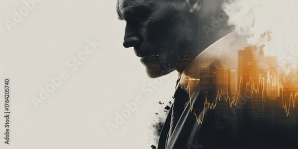 Fototapeta Image of a businessman overlaid with a big city and stock chart lines