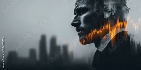 Fototapeta Image of a businessman overlaid with a big city and stock chart lines