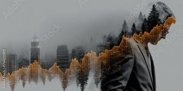 Fototapeta Image of a businessman overlaid with a big city and stock chart lines