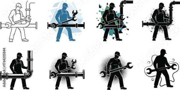 Obraz Professional plumber working with wrench and pipeline installation, maintenance repair service, 