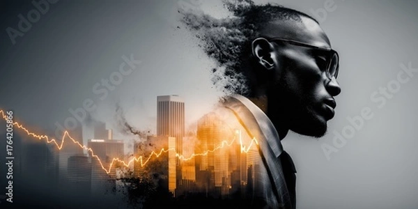 Fototapeta Image of a businessman overlaid with a big city and stock chart lines
