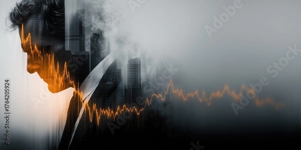 Fototapeta Image of a businessman overlaid with a big city and stock chart lines