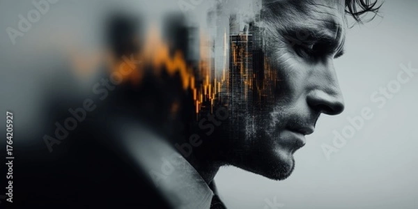 Fototapeta Image of a businessman overlaid with a big city and stock chart lines