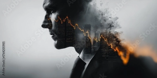 Fototapeta Image of a businessman overlaid with a big city and stock chart lines