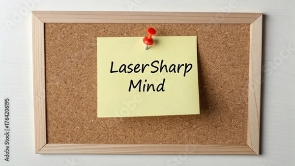 Fototapeta Sticky Note on Cork Board with 'LaserSharp Mind' Text Message