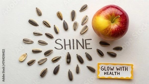 Obraz Sunflower Seeds and Apple on Table with Shine and Health Concept