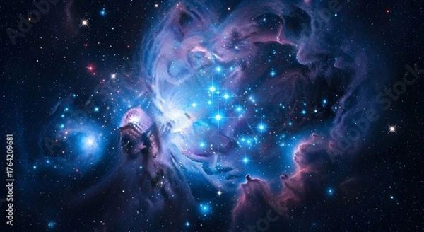 Fototapeta A breathtaking cosmic canvas unfolds in deep space, revealing a radiant nebula shimmering with celestial dust and countless stars, a mesmerizing spectacle of galactic formation and stellar beauty