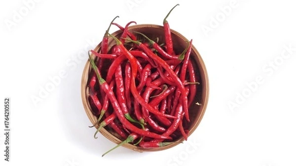 Fototapeta Top view of Red chili peppers or Cabai Merah Keriting on bamboo bowl. Isolated on white background with copy space. Perfect for design element, spicy food concept or any commercial usage.