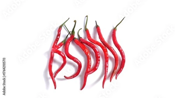 Fototapeta Top view of Red chili peppers or Cabai Merah Keriting isolated on white background with copy space. Perfect for design element, spicy food concept or any commercial usage.
