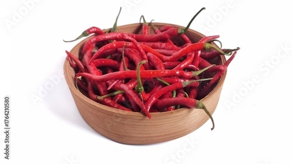 Fototapeta High angle view of Red chili peppers or Cabai Merah Keriting on bamboo bowl. Isolated on white background with copy space. Perfect for design element, spicy food concept or any commercial usage.