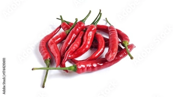 Fototapeta Red hot chili peppers isolated on white background with copy space. Clipping path. Perfect for design element, spicy food concept or any commercial usages. 