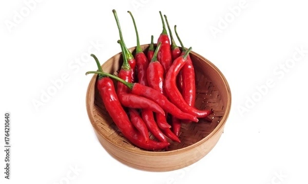 Fototapeta High angle view of Red hot chili peppers on bamboo bowl. Isolated on white background with copy space. Clipping path. Perfect for design element, spicy food concept or any commercial usages. 