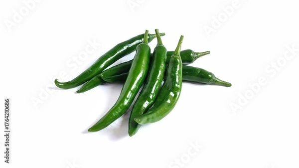 Fototapeta Green hot chili peppers isolate on white background with copy space. Clipping path. Perfect for design element, spicy food concept or any commercial usages.
