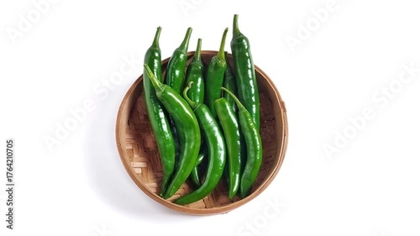 Fototapeta Top view of Green hot chili peppers on bamboo bowl. Isolated on white background with copy space. Clipping path. Perfect for design element, spicy food concept or any commercial usages.