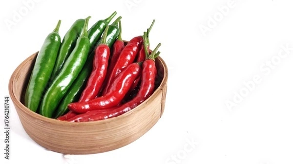 Fototapeta Side view of Two varians hot chili peppers on bamboo bowl.  Red and green chili pepper isolate on white background with copy space. Perfect for design element, spicy food concept. 