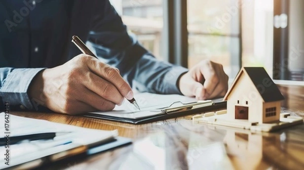 Fototapeta A Real Estate Agent Calculates Mortgage Loans and Financing Plans for Clients—Analyzing Interest Rates, Monthly Payments, and Customized Financial Solutions to Support Their Property Purchase Goals