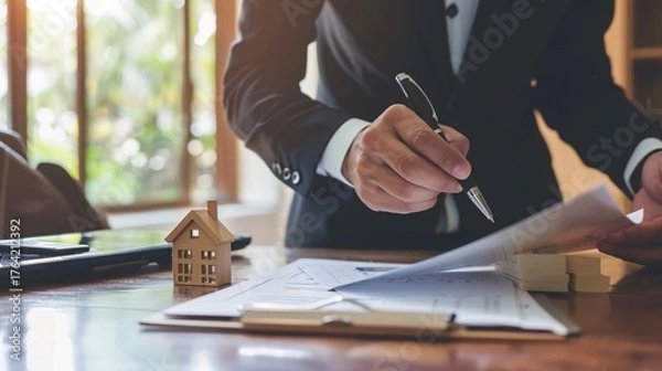 Fototapeta A Real Estate Agent Calculates Mortgage Loans and Financing Plans for Clients—Analyzing Interest Rates, Monthly Payments, and Customized Financial Solutions to Support Their Property Purchase Goals