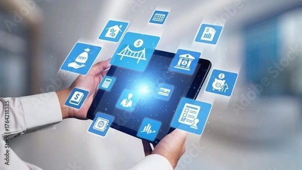 Fototapeta Loan icons represent debt, repayment, and financial planning. Loan supports banking, loan connects credit with payment systems, and loan helps manage interest effectively. Gist