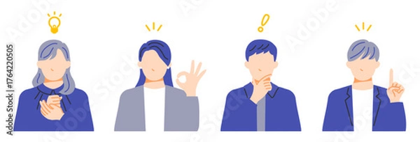 Obraz 解決策を思いつくビジネスパーソンの表情イラストセット。フラットデザイン。