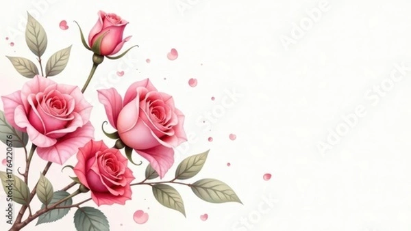 Obraz A delicate arrangement of blooming pink roses with subtle falling petals creates a gentle floral flourish across a light backdrop