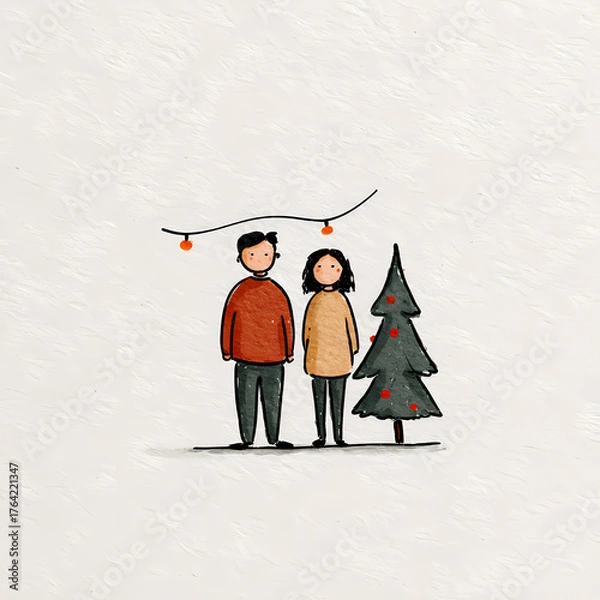 Obraz A charming illustration of a couple beside a Christmas tree adorned with red ornaments bathed in the soft glow of hanging lights Simple cozy holiday