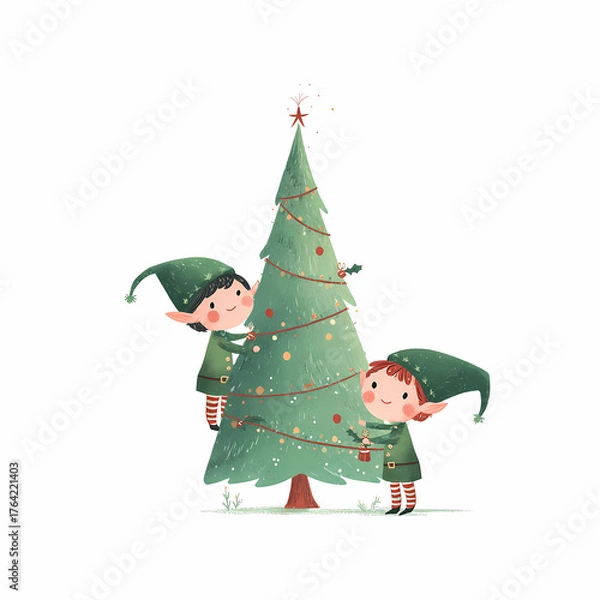 Obraz Two adorable elves joyfully decorate a Christmas tree with lights and ornaments preparing for a festive celebration in a whimsical style
