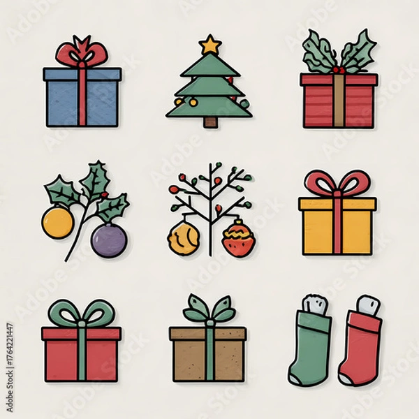 Obraz Holiday icons arranged in a grid It features festive motifs like a decorated tree gifts baubles holly and stockings all in a simple clean style