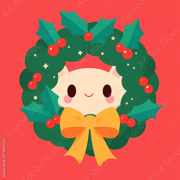 Obraz Festive cat in a wreath holly and berries This is a Christmas card design An illustration with a red background making it ideal for holiday greetings