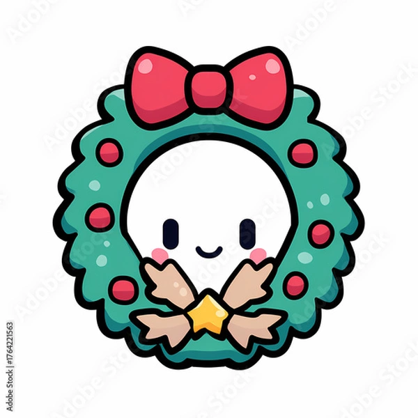 Obraz Charming cartoon character nestled in a festive wreath complete with a cheerful bow and star embodying the spirit of the holiday season