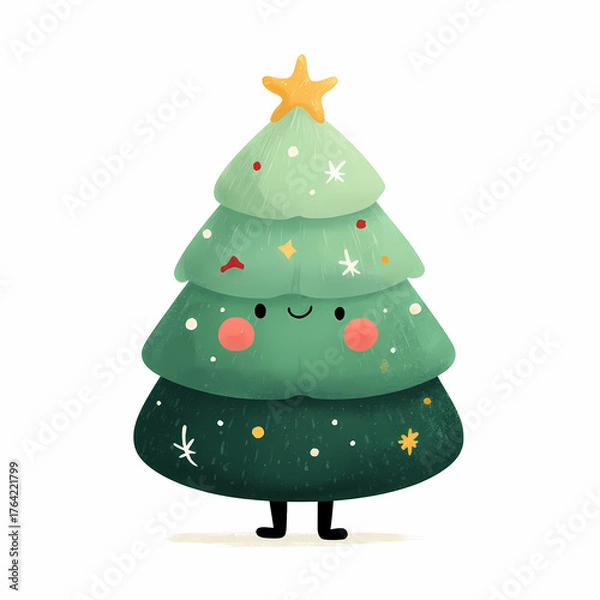 Obraz Delightful cartoon Christmas tree character with a star on top rosy cheeks and a cheerful smile set against a clean white background