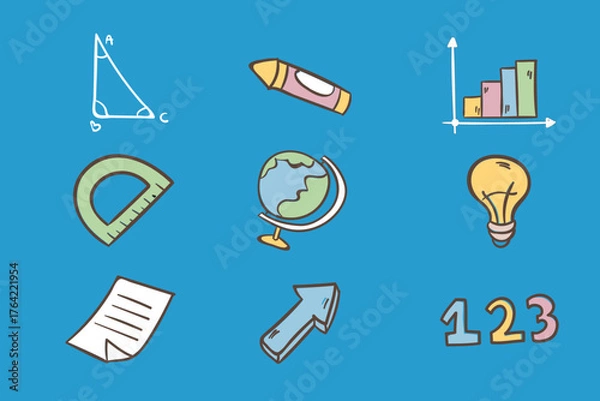 Obraz A collection of colorful hand-drawn educational icons including math tools, a globe, a lightbulb, and school supplies on a blue background.