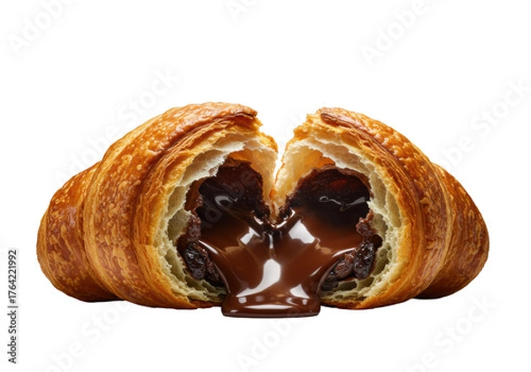 Fototapeta Gourmet chocolate croissant, freshly baked, golden-brown, crispy, dynamically torn open revealing molten dark chocolate, flaky layers, steam rising on transparent background. Concept of gourmet pastry
