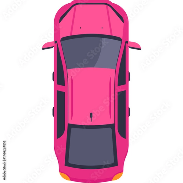 Fototapeta Top View Pixel Art Pink Car with Dark Tinted Windows and Orange Tail Lights on a Transparent White Background Clean Geometric Automobile Design