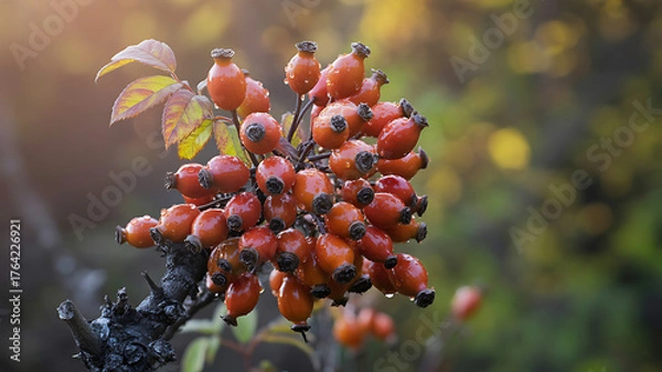 Obraz Close up of vibrant rose hips with water droplets in autumn sunlight